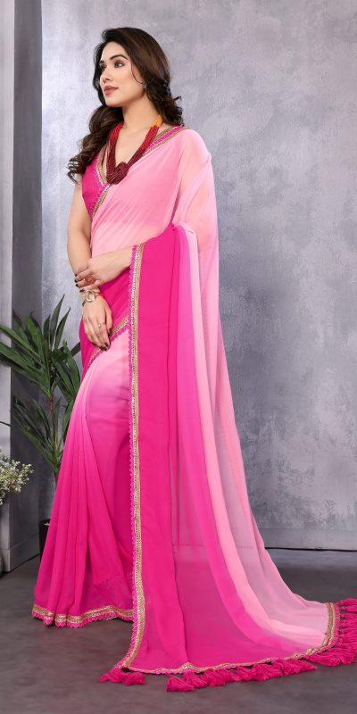 Attractive In Rose Pink Color Faux Peding Georgette Party Wear Saree