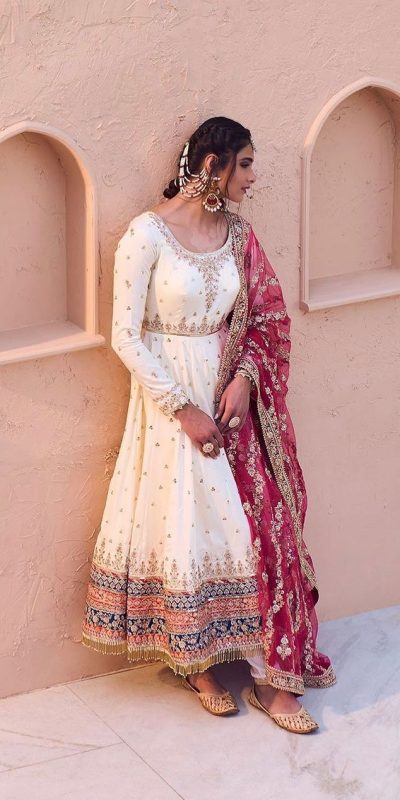 Comfy White Color Embroidery With Sequence Work Fancy Latkan Border Gown