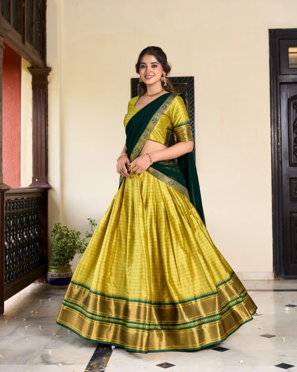 Graceful Parrot Green Color Cotton Silk Weaving Paithani Concept Lehenga Choli