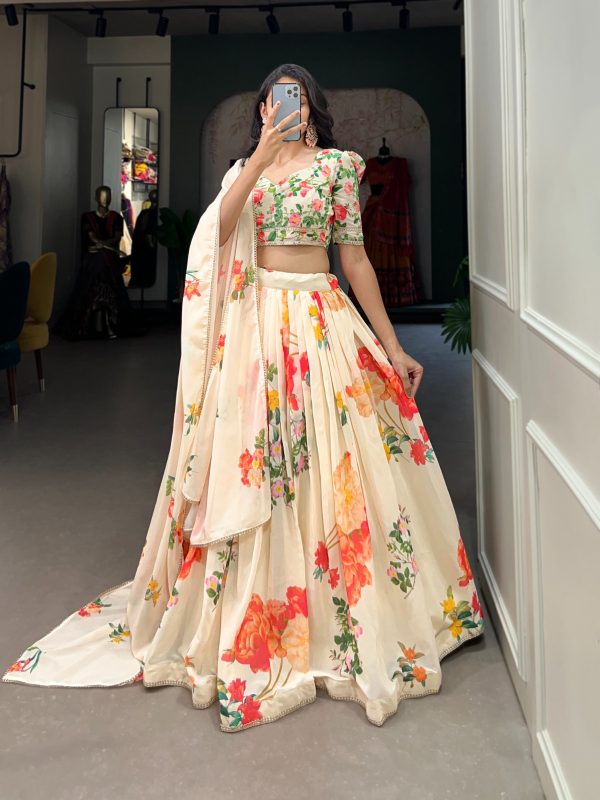 Grand Cream Color Georgette Floral Printed Lehenga Choli