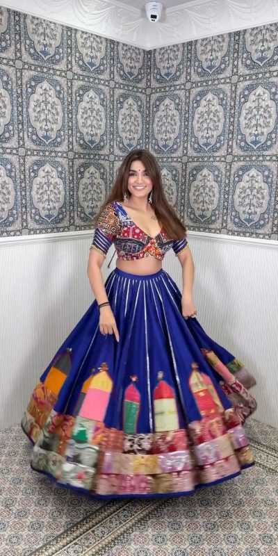Nice Navy Blue Color Reyon Digital Printed Patti Work Lehenga Choli
