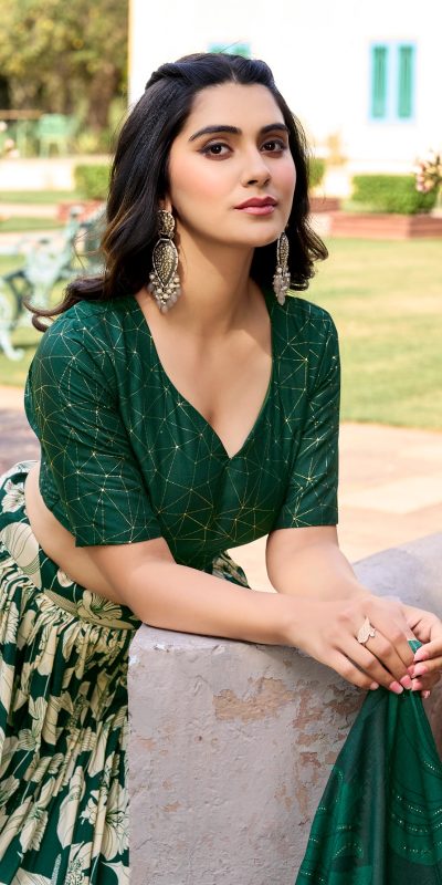 Pretty Green Color Tussar Silk Floral & Foil Printed Lehenga Choli