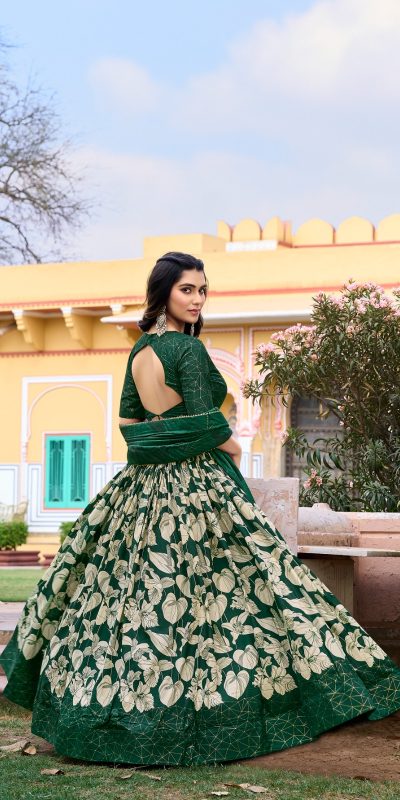 Pretty Green Color Tussar Silk Floral & Foil Printed Lehenga Choli