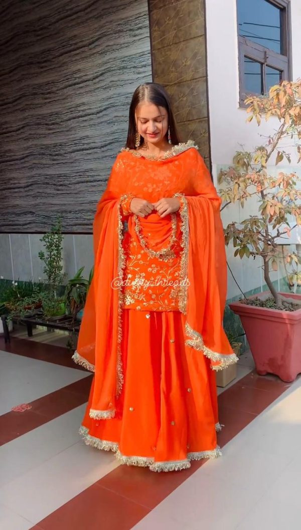 Pretty Orange Color Georgette Thread Fancy Lace Lehenga Choli