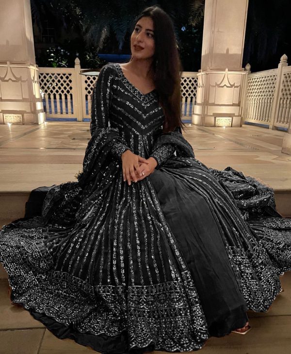 Superb Black Color Georgette Thread Sequence Lehenga Choli