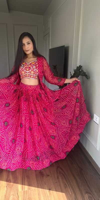 Commitment Pink Color Pure Bandhrej Heavy Embroidery Sequence Lehenga Choli