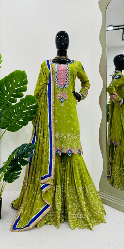 Exciting Mehndi Green Color Foux Gorgette Embroidery Sequence Salwar Suit