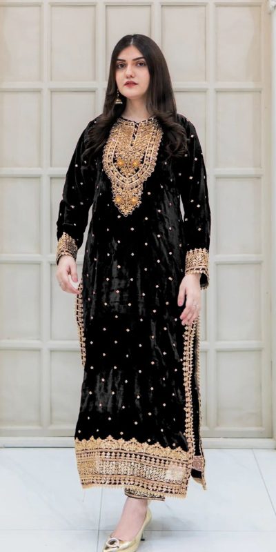 Exotic Black Color Velvet Georgette Embroidery Sequence Salwar Suit