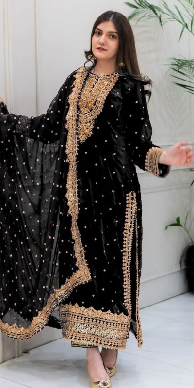 Exotic Black Color Velvet Georgette Embroidery Sequence Salwar Suit