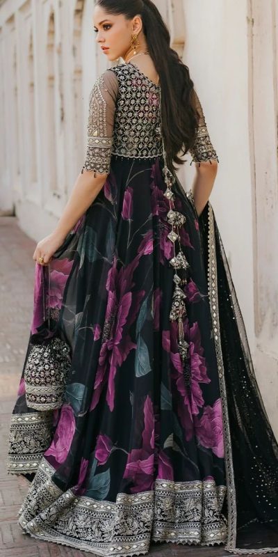 Magical Deep Purple And Black Color Foux Gorgette with digital print