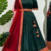 Green Jequed Silk Four Side Lace Border Plain Gown