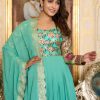 Sea Green Faux Fox Georgette Embroider Zecard Work Gown