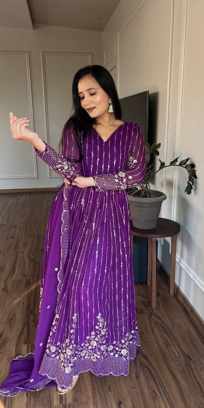 Women's Purple Color Fox Georgette sequence Embroidery Work With Gown