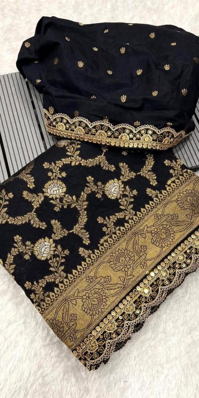 Amazing Black Color Jacquard Weaving With Embroidery Cording Lace Saree