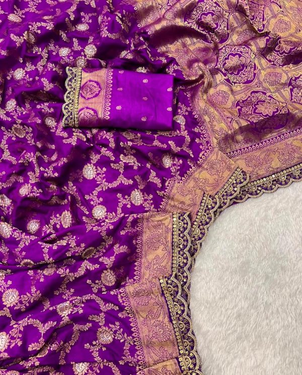 Amazing Purple Color Jacquard Weaving With Embroidery Cording Lace Saree