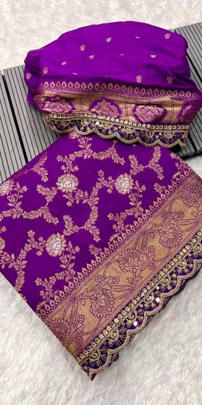 Amazing Purple Color Jacquard Weaving With Embroidery Cording Lace Saree