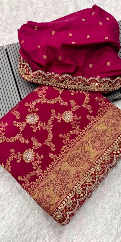 Amazing Red Color Jacquard Weaving With Embroidery Cording Lace Saree