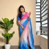 Blue Soft Georgette Satin With Digital Print Embroidery Work Saree