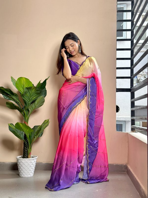 Beautiful Purple Color Soft Georgette Satin With Digital Print Embroidery Work Saree