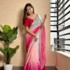Red Soft Georgette Satin With Digital Print Embroidery Work Saree