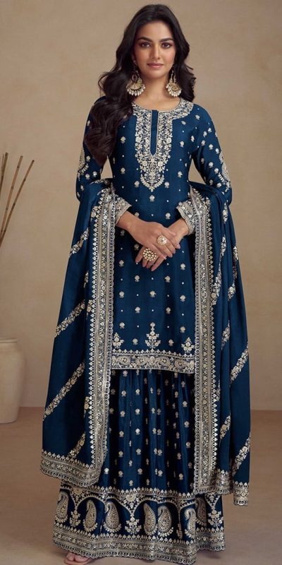 Classic Blue Color Heavy Semi Chinon Silk Codding Embroidery Salwar Suit
