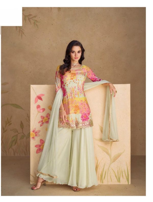 Classic Creme Color Chinon Printed Embroidery Work Sharara Suit