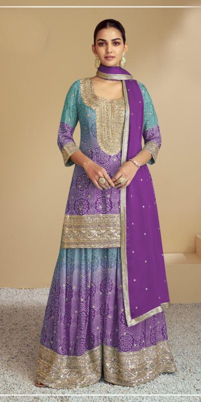 Fancy Purple Color Chinon Digital Print With Mat Sequence work Sharara