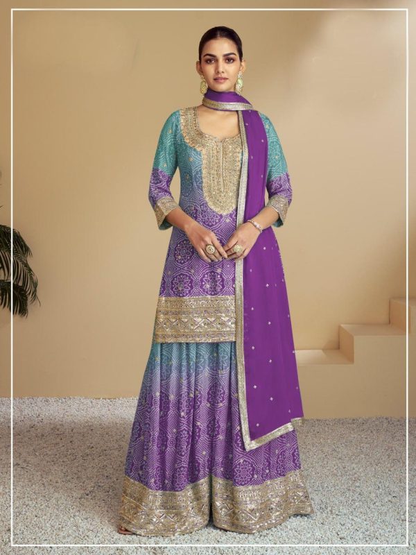 Fancy Purple Color Chinon Digital Print With Mat Sequence work Sharara