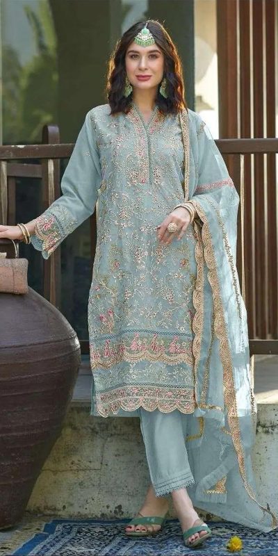 Fantastic Light Blue Color Organza With Embroidery Sequence Work Salwar Suit