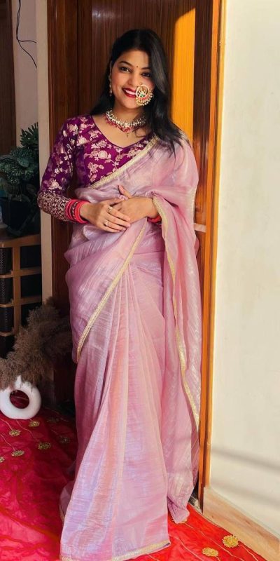 Gorgeous Light Pink Color Pure Tissue Crush Silk Fabric With Fancy Lace Saree