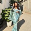 Sky Blue Tissue Crush Silk Fabric With Fancy Lace Saree