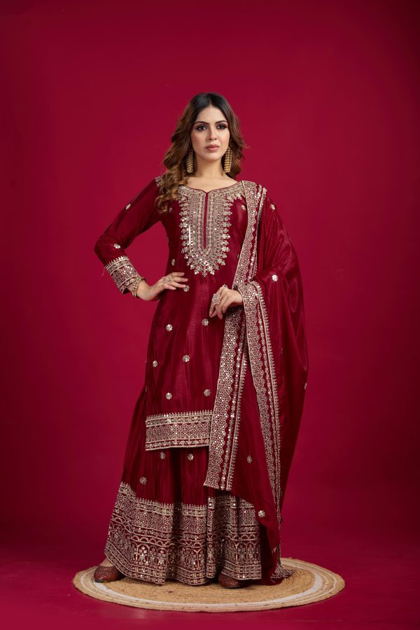 Graceful Marron Color Chinnon Silk With Embroidery Work Sharara Suit