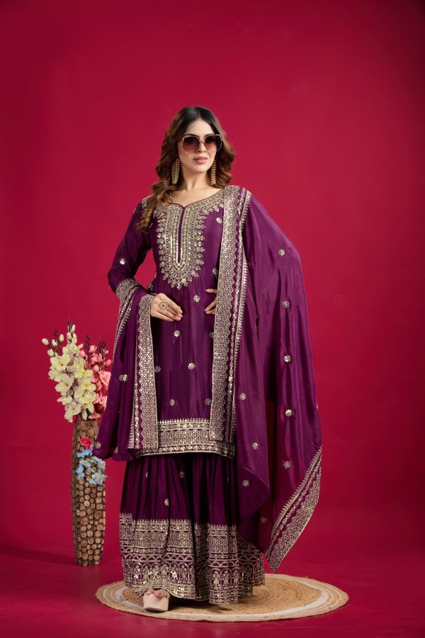 Graceful Purple Color Chinnon Silk With Embroidery Work Sharara Suit