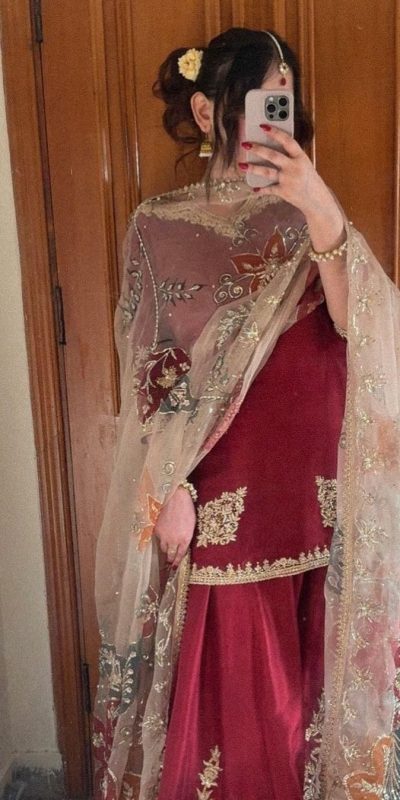 Graceful Red Color Chinnon Silk With Embroidery Work Sharara Suit