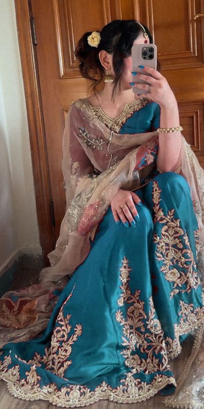 Graceful Sky Blue Color Chinnon Silk With Embroidery Work Sharara Suit