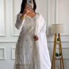 White Chinnon Silk With Embroidery Work Sharara Suit