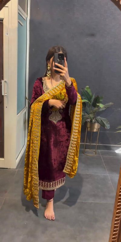 Magical Marron Color Velvet With Heavy Embroidery Sequence Salwar Suit