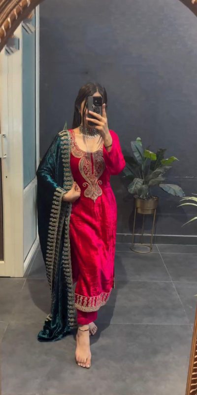 Magical Red Color Velvet With Heavy Embroidery Sequence Salwar Suit