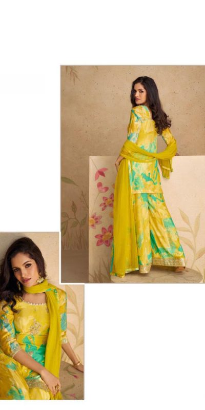 glowing Mustad Yellow Color Chinon Printed Embroidery Work Sharara Suit