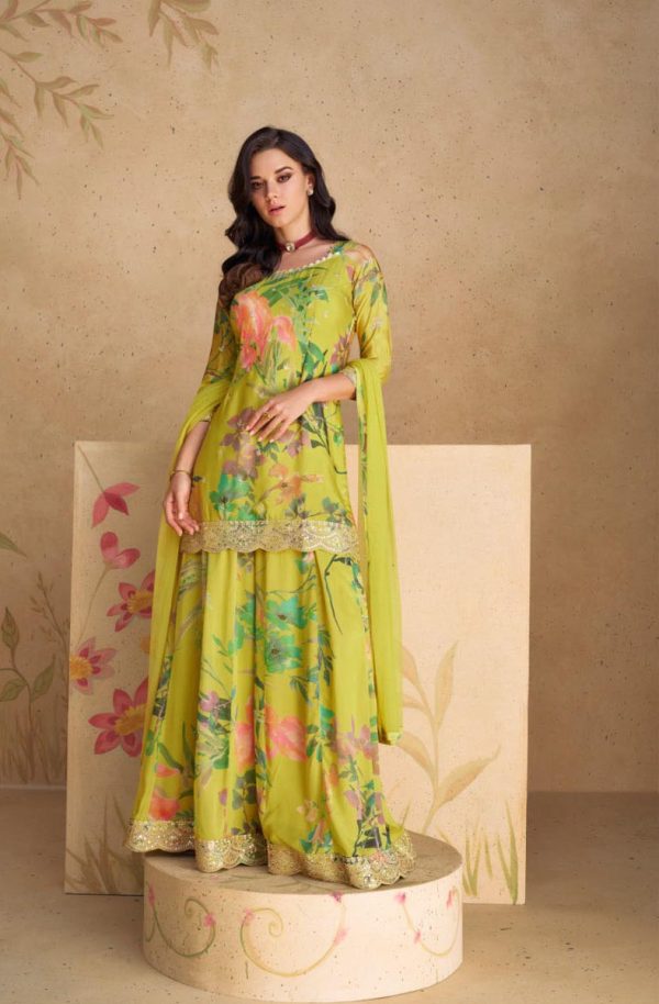 Patchy Perrot Green Color chinon Print Silk with Dall US Crepe Sharara Suit