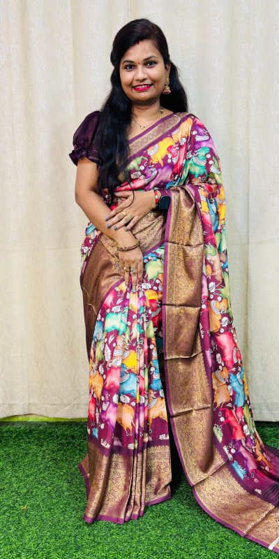 Perfect Purple Color Jacquard Dola Silk With Kalamkari Print Saree