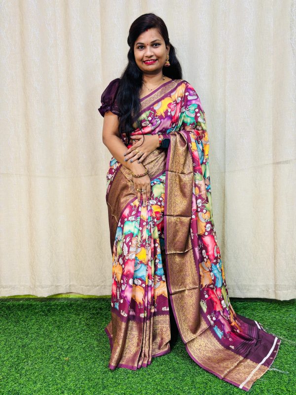 Perfect Purple Color Jacquard Dola Silk With Kalamkari Print Saree