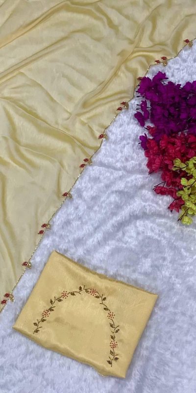 Perfects Yellow Color Rangoli Silk Handwork And Cutwork With Pearl Saree