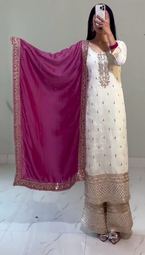Prefect White Color Chinnon Silk With Heavy Embroidery Sequence Work Salwar Suit