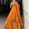 Orange Chanderi Plain With Zari Weaving Work Border Lehenga Choli
