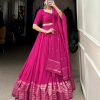 Pink Chanderi Plain With Zari Weaving Work Border Lehenga Choli