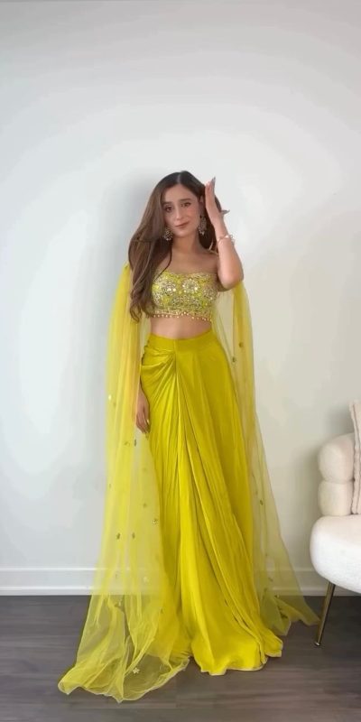 Special Yellow Color Chinon Silk Thread With 9mm Sequence Dhoti Suit