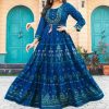 Blue Rayon Print Embroidery Work Long Anarkali Gown