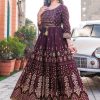 Marron Rayon Print Embroidery Work Long Anarkali Gown