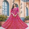 Pink Rayon Print Embroidery Work Long Anarkali Gown